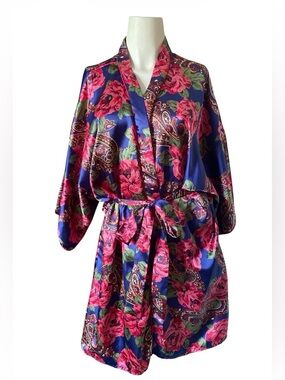 Vtg  rose floral satin duster kimono robe victorian paisley floral open front